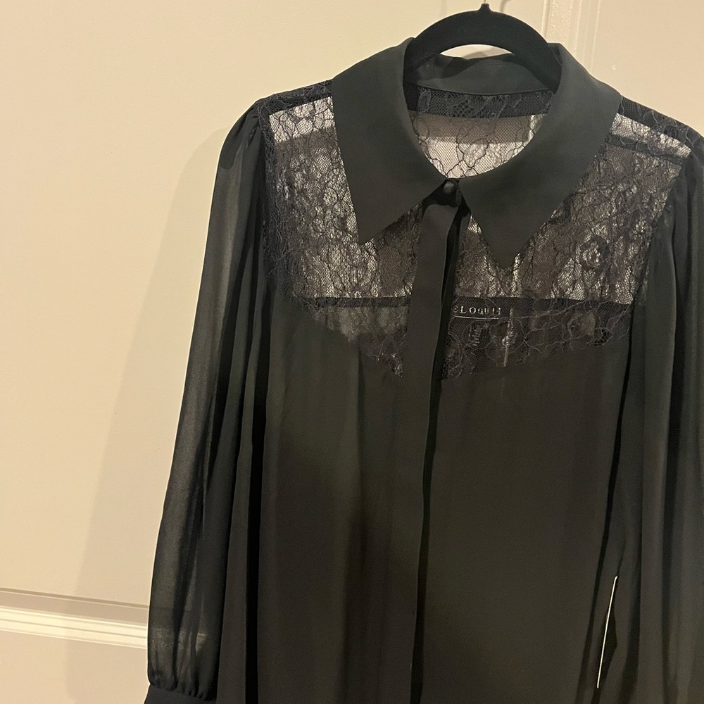 Eloquii Sheer Black Blouse with Lace Trim